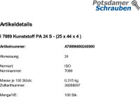 100 Kunststoff Unterlegscheiben ISO 7089 Polyamid M24...