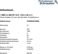 250 Edelstahl V2A Unterlegscheiben ISO 7090 A2 M10 (10,5x20x2 )