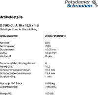 100 Kupfer Dichtringe DIN 7603 Form A 10x13,5x1