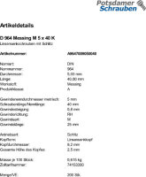 200 Schlitz Linsensenkschrauben DIN 964 Messing M5x40