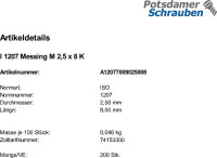 200 Schlitz Zylinderschrauben ISO 1207 Messing M2,5x8