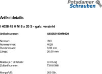 200 Inbus Gewindestifte ISO 4028 45H verzinkt M8x20