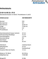 25 Sechskantschrauben DIN 931 8.8 schwarz M22x70