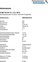 50 Feingewinde Sechskantschrauben DIN 960 10.9 M12x1,5x100