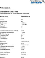 50 Feingewinde Sechskantschrauben DIN 960 8.8 M14x1,5x110