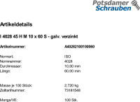 100 Inbus Gewindestifte ISO 4028 45H verzinkt M10x60