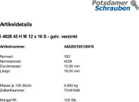 200 Inbus Gewindestifte ISO 4028 45H verzinkt M12x16