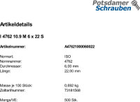 500 Innensechskant Zylinderkopfschrauben ISO 4762 10.9 schwarz M6x22