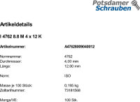 100 Innensechskant Zylinderkopfschrauben ISO 4762 8.8 schwarz M4x12