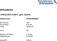 100 Innensechskant Zylinderkopfschrauben ISO 4762 8.8 verzinkt M8x200