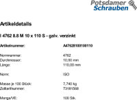 100 Innensechskant Zylinderkopfschrauben ISO 4762 8.8 verzinkt M10x110