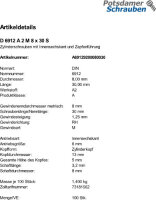 100 Edelstahl V2A Innensechskant Zylinderschrauben niedrig DIN 6912 A2 M8x30