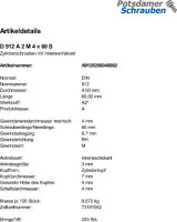 200 Edelstahl V2A Innensechskant Zylinderkopfschrauben DIN 912 A2 M4x60
