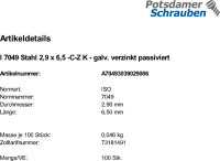 100 Linsenkopf Blechschrauben ISO 7049 verzinkt 2,9x6,5 -C-Z