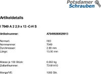 1000 Edelstahl V2A Linsenkopf Blechschrauben ISO 7049 A2 2,9x13 -C-H