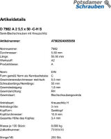250 Edelstahl V2A Senkkopf Blechschrauben DIN 7982 A2 5,5x50 -C-H