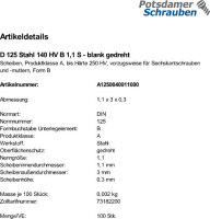 100 Unterlegscheiben DIN 125 Stahl blank 140HV Form B 1,1...