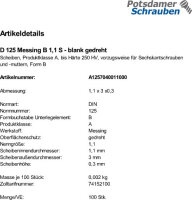 100 Messing Unterlegscheiben DIN 125 blank Form B 1,1 Ã˜ M1
