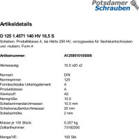 100 Edelstahl A5 Unterlegscheiben DIN 125 1.4571 140HV Form A 10,5 Ã˜ M10