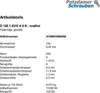 100 Edelstahl Federringe DIN 128 1.4310 A 6
