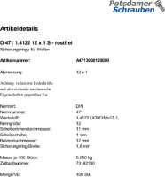 100 Edelstahl Sicherungsringe DIN 471 1.4122 12x1