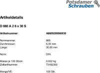 100 Edelstahl V2A Halbrundnieten DIN 660 A2 6x30