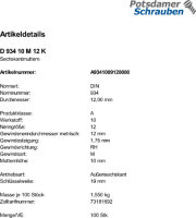 100 Sechskantmuttern DIN 934 Kl. 10 M12