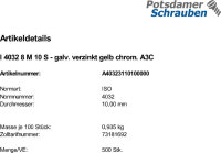 500 Sechskantmuttern ISO 4032 Kl. 8 gelb verzinkt M10