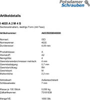 1000 Edelstahl V2A Sechskantmuttern niedrig ISO 4035 A2 M4
