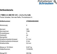200 Edelstahl V4A Unterlegscheiben ISO 7089 A4 M4 ( 4,3x9x0,8)