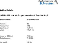 100 Innensechskant Zylinderkopfschrauben ISO 4762 8.8 verzinkt M10x100 Vollgewinde