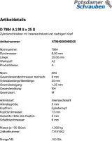 100 Edelstahl V2A Innensechskant Zylinderkopfschrauben niedrig DIN 7984 A2 M8x25