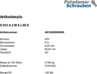 100 Edelstahl V2A Innensechskant Zylinderkopfschrauben DIN 912 A2 M8x85