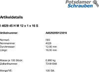 200 Inbus Feingewinde Gewindestifte ISO 4029 45H M12x1x16