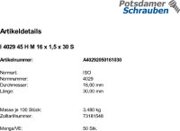 100 Inbus Feingewinde Gewindestifte ISO 4029 45H M16x1,5x30