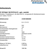 1000 Unterlegscheiben DIN 125 verzinkt 140HV Form B 6,4 Ã˜ M6