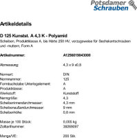 200 Kunststoff Unterlegscheiben DIN 125 Polyamid Form A...