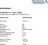 100 Scheiben DIN 436 Stahl 11 verzinkt