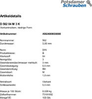 100 Vierkantmuttern DIN 562 04 M3 Stahl