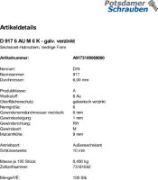 100 Hutmuttern DIN 917 Kl. 6 verzinkt M6
