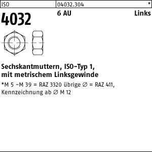 100 Linksgewinde Sechskantmuttern ISO 4032 Kl. 6 Au M12