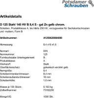 1000 Unterlegscheiben DIN 125 gelb chromatiert 140HV Form...