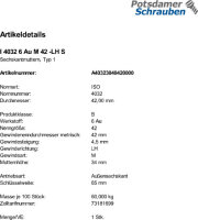 1 Linksgewinde Sechskantmuttern ISO 4032 Kl. 6 Au M42