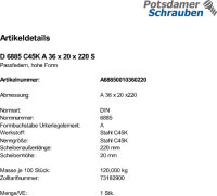 1 Passfedern DIN 6885 C45K A 36x20x220 Stahl
