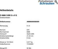 50 Scheibenfedern DIN 6888 C45K 8x9 Stahl