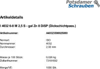 1000 Sechskantmuttern ISO 4032 Kl. 6-8 DiSP M2,5