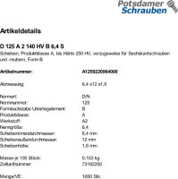 1000 Edelstahl V2A Unterlegscheiben DIN 125 A2 140HV Form B 6,4 Ã˜ M6