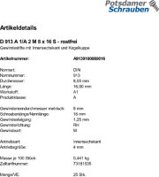 200 Edelstahl Inbus Gewindestifte DIN 913 A1 / A2 M8x16
