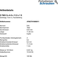 100 Kupfer Dichtringe DIN 7603 Form A 8x11,5x1