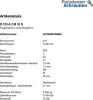 25 Edelstahl V2A Flügelmuttern DIN 315 A2 M10